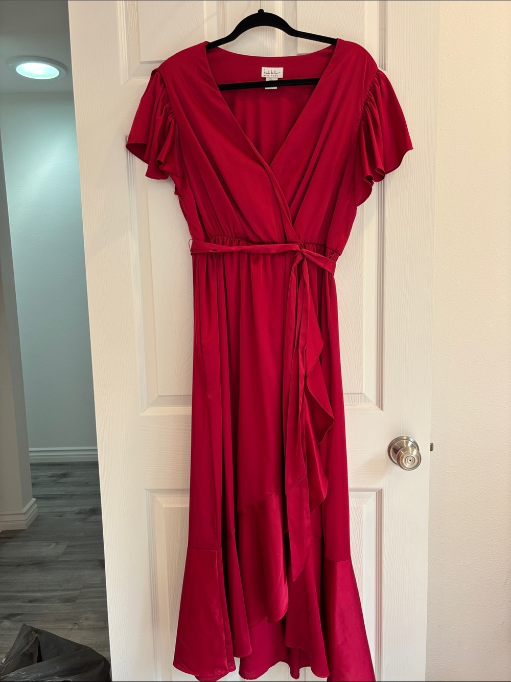 Nicole Miller Red Maxi Dress with Flutter Sleeves